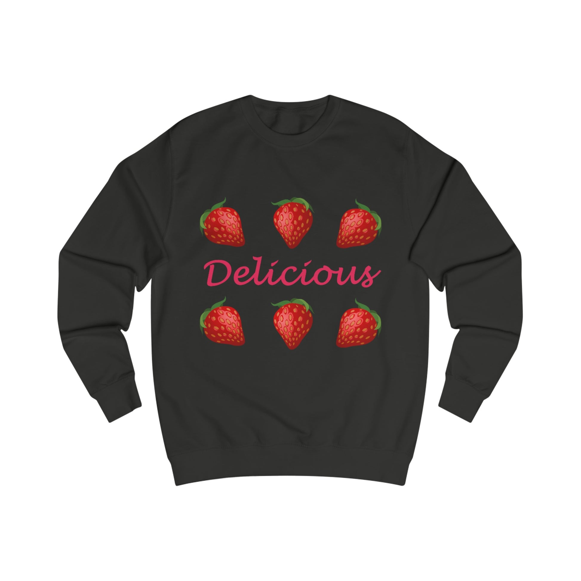 A black sweatshirt with a design of strawberries and the word: Delicious