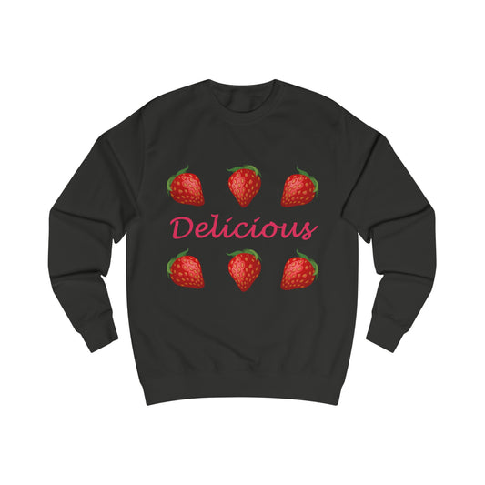 A black sweatshirt with a design of strawberries and the word: Delicious