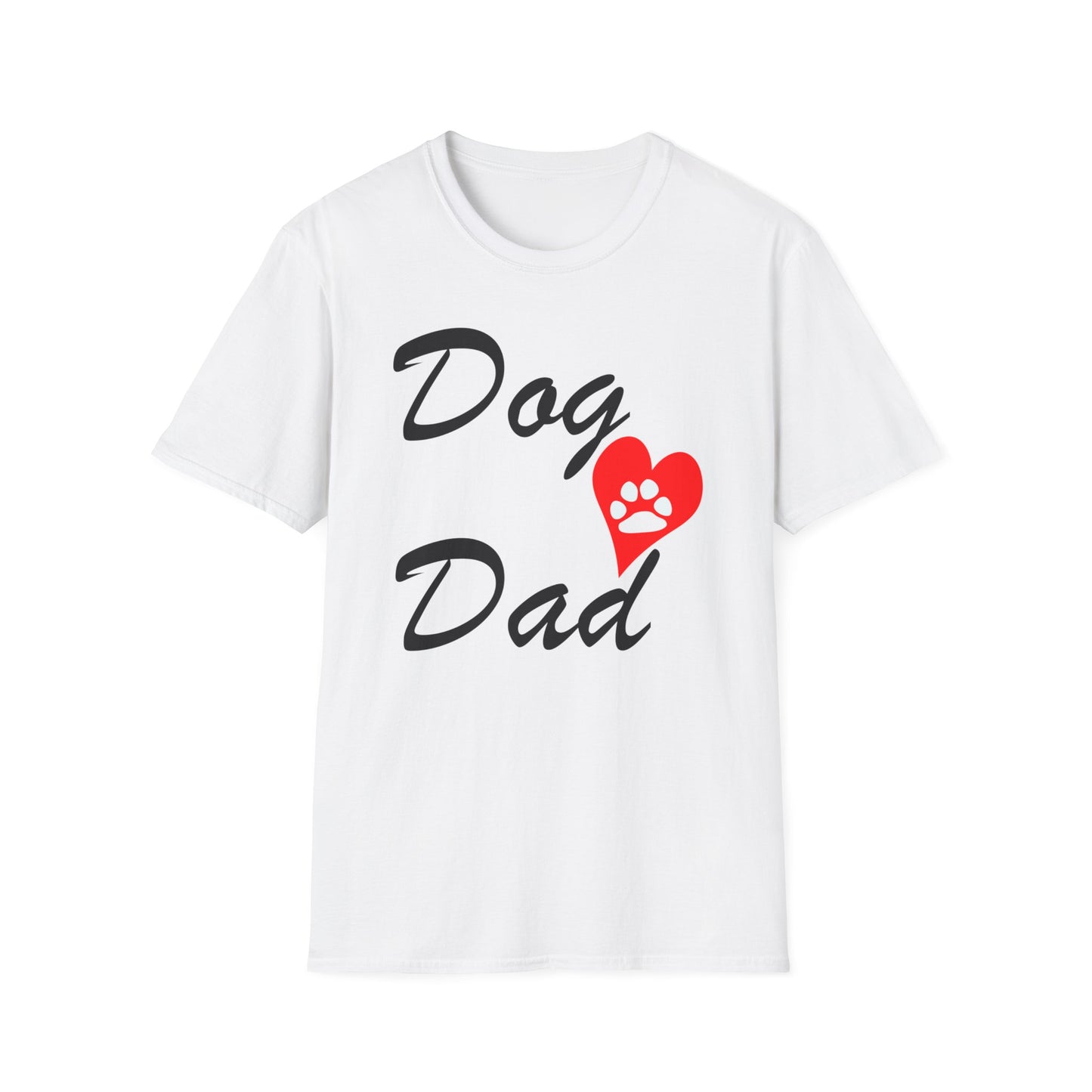 A white t-shirt with a design of a red heart with a white paw print inside it and the words Dog Dad.