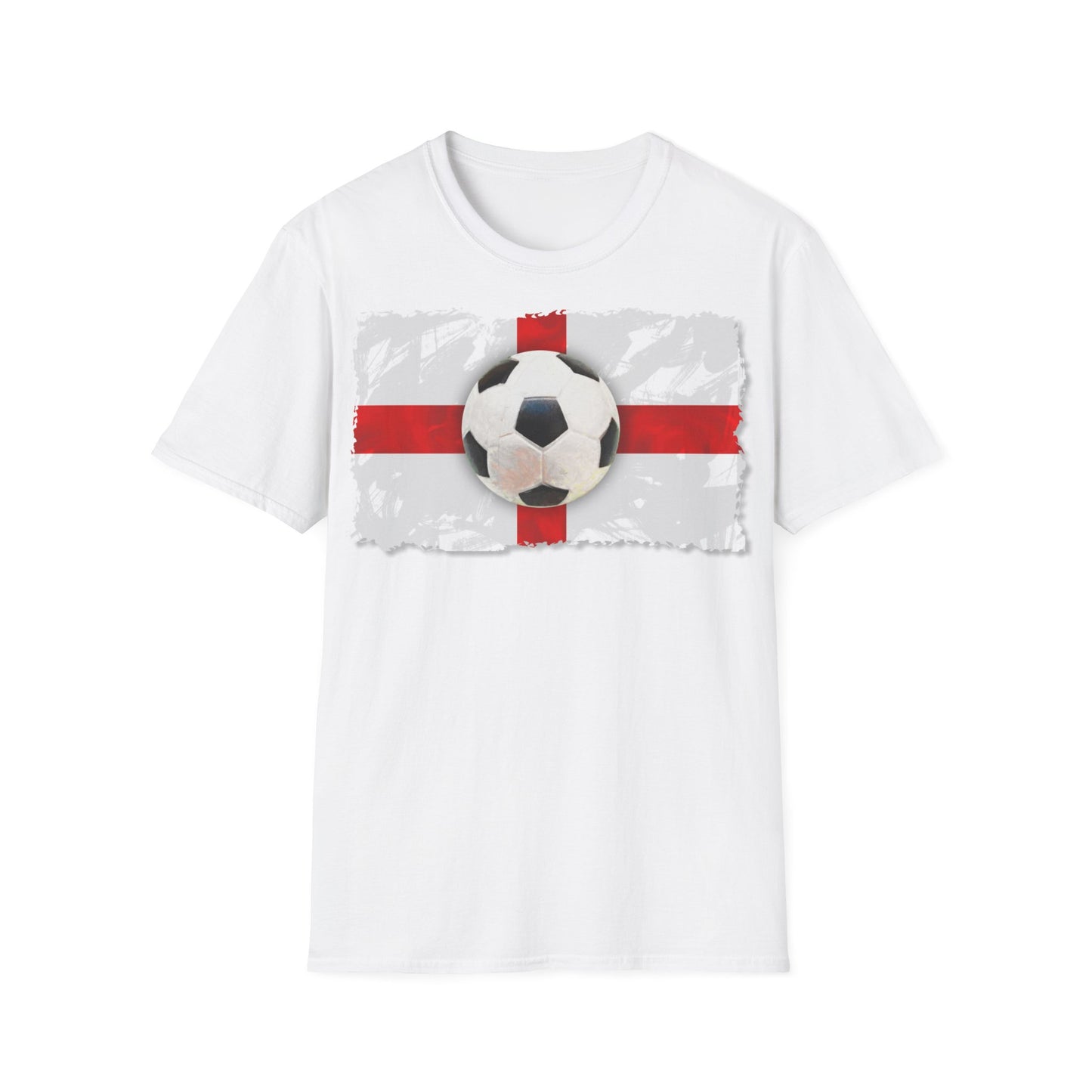 A white t-shirt with a painted design of the English flag and a football in the middle