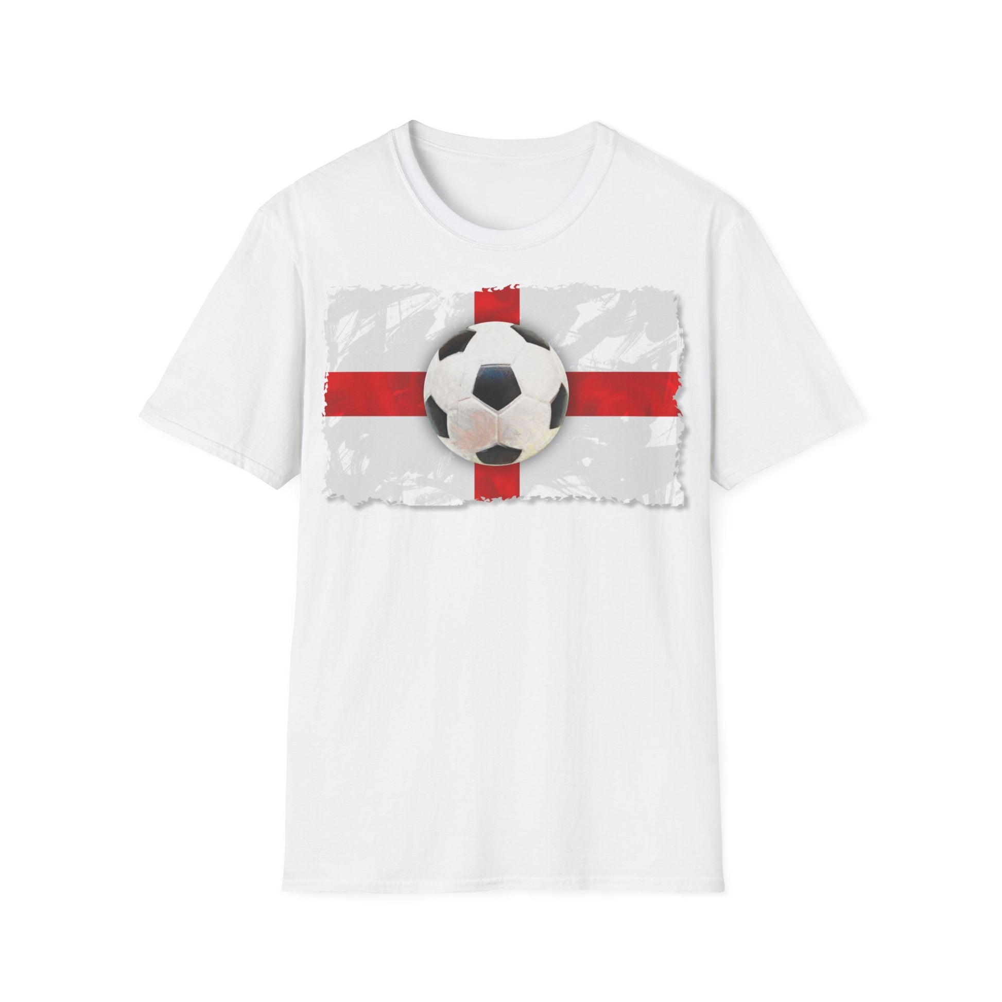 A white t-shirt with a painted design of the English flag and a football in the middle