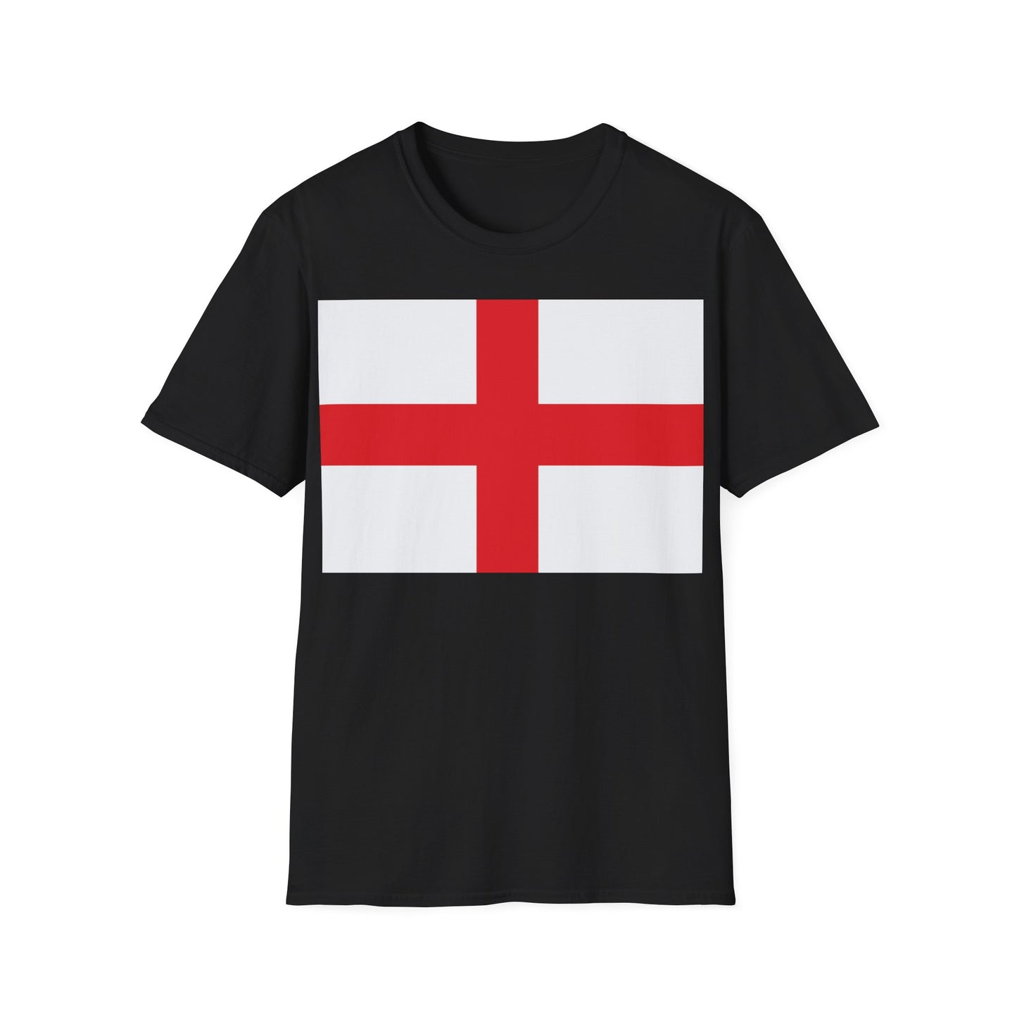 A black t-shirt with a design of the classic England flag of Saint George. A striking design of the red cross on a white background