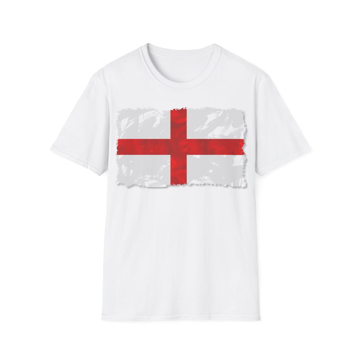 A white t-shirt with a painting of the England flag. The painting is a grunge design. The flag is also known as the flag of Saint George