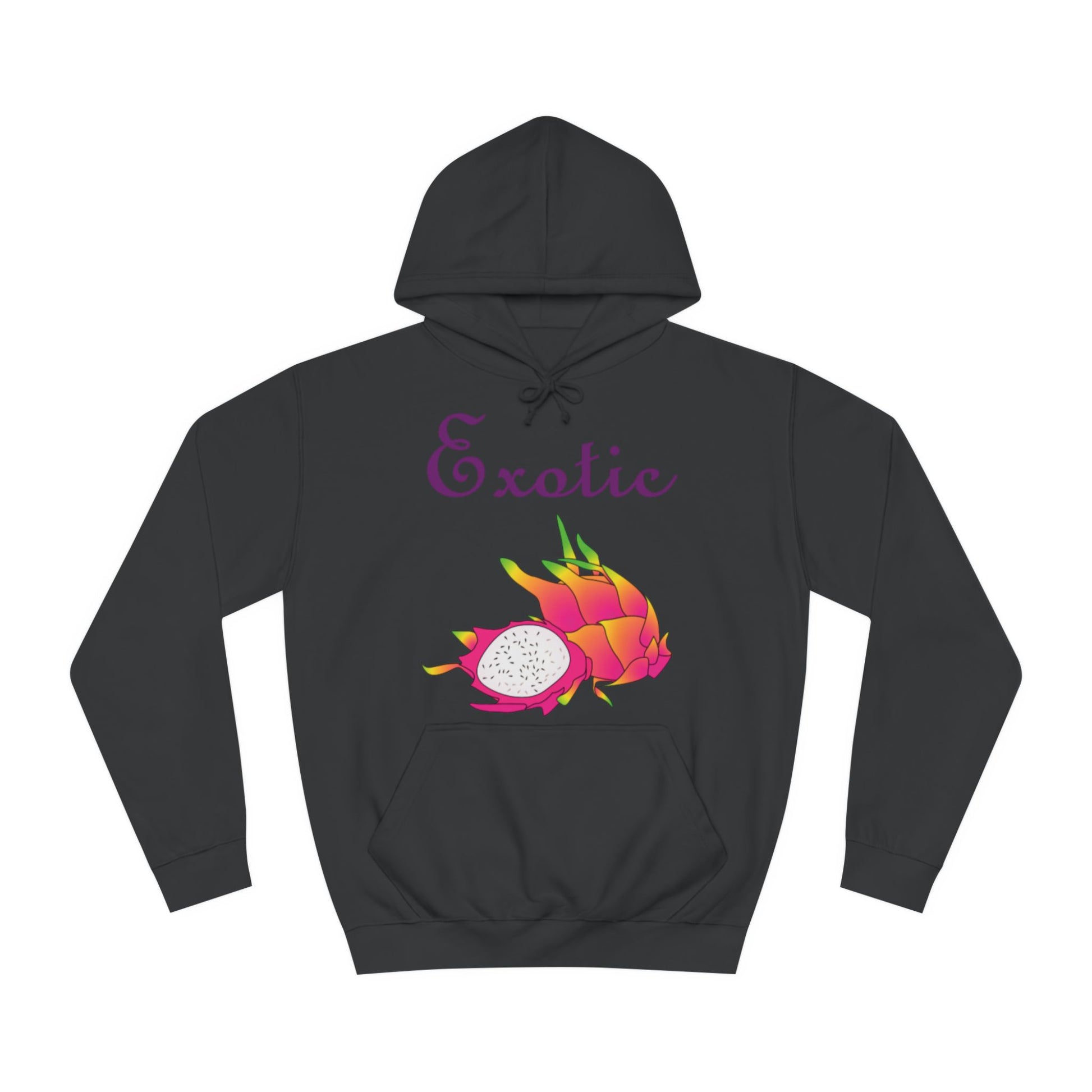 A black hoodie sweatshirt with a design of dragon fruit and the word Exotic above them.