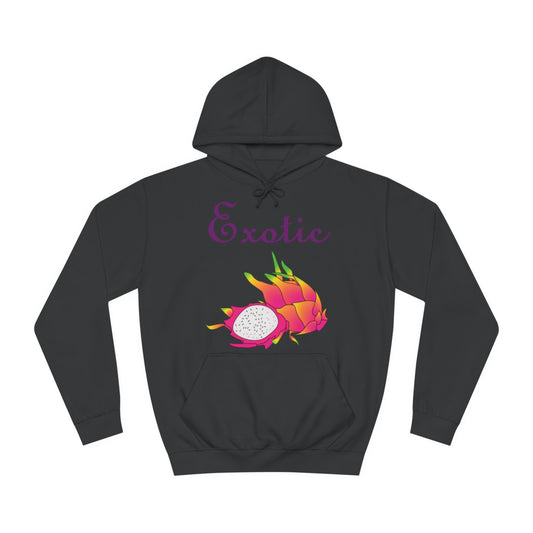 A black hoodie sweatshirt with a design of dragon fruit and the word Exotic above them.