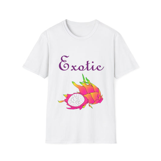 a white t-shirt with a brightly coloured dragon fruit and the word Exotic above it.