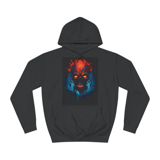 A black hoodie sweatshirt with a design of  fiery skull from hell.