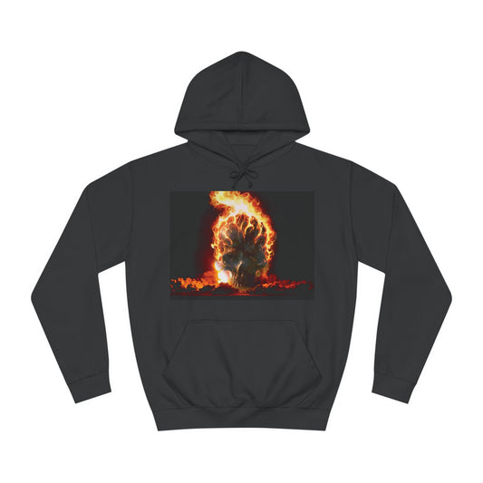 A black hoodie sweatshirt with a design of a skull burning in flames.