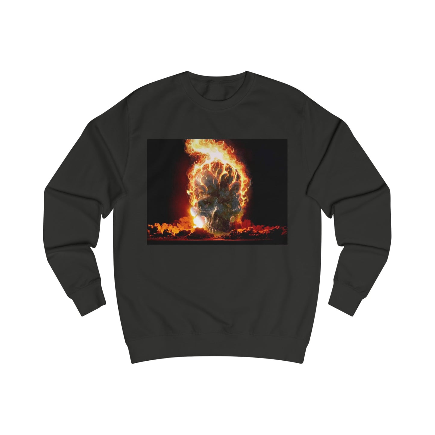 A black sweatshirt with a design of a skull burning with flames coming off the top