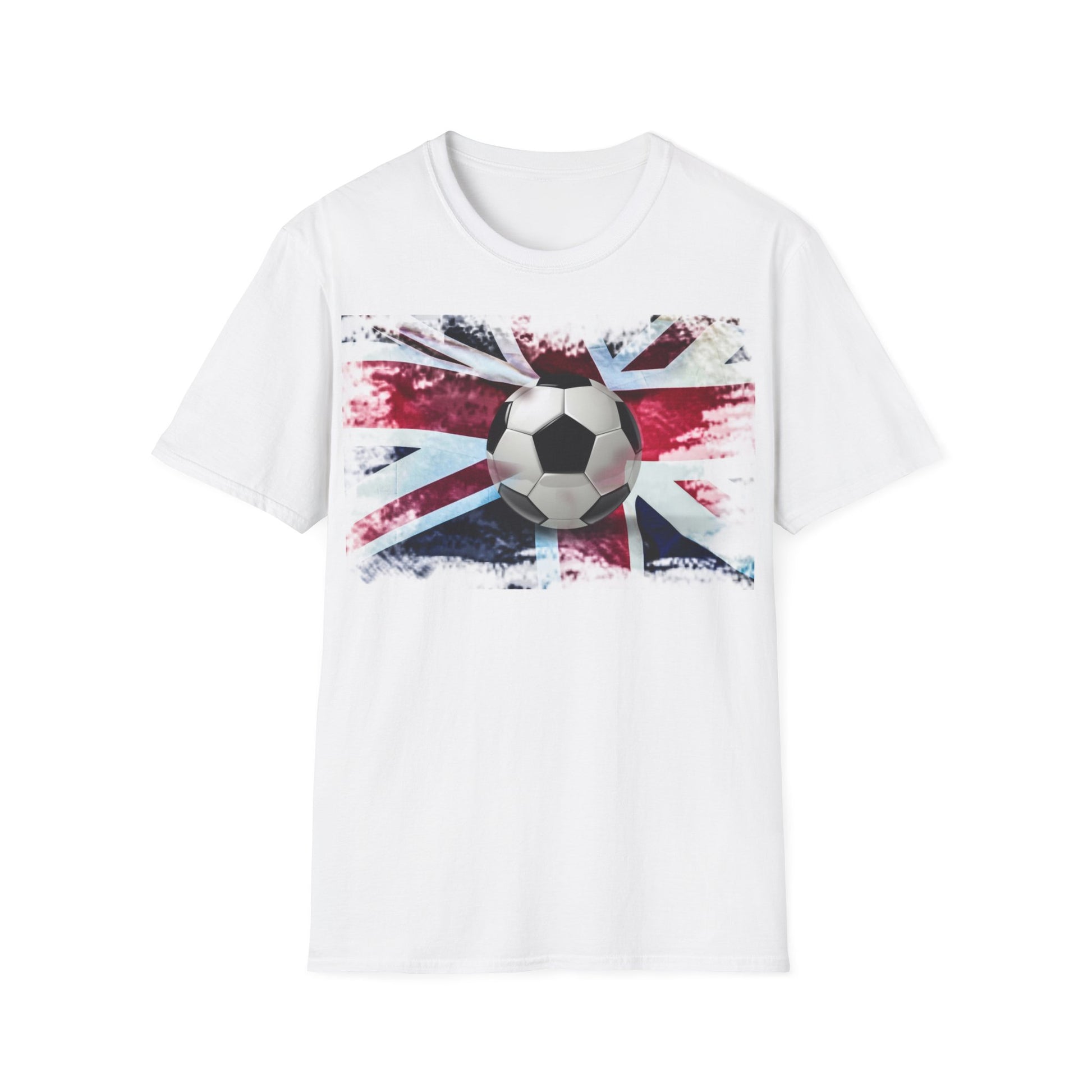 A white t-shirt with a distressed painting of the Union Jack Flag and a British football