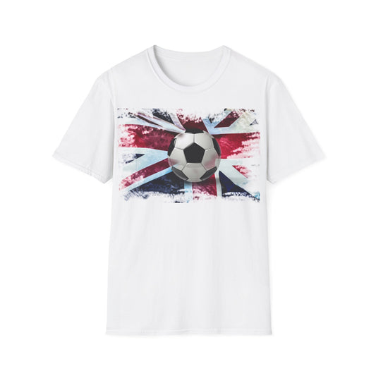 A white t-shirt with a distressed painting of the Union Jack Flag and a British football