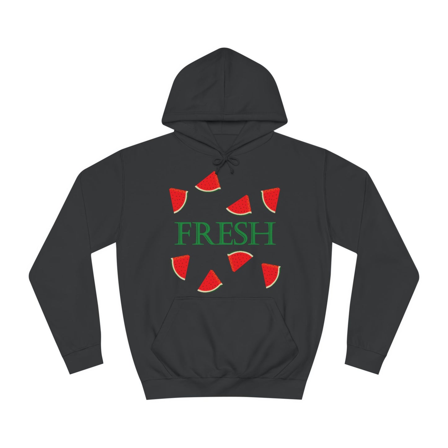 A black hoodie sweatshirt with a design of watermelon slices and the word Fresh in the middle.