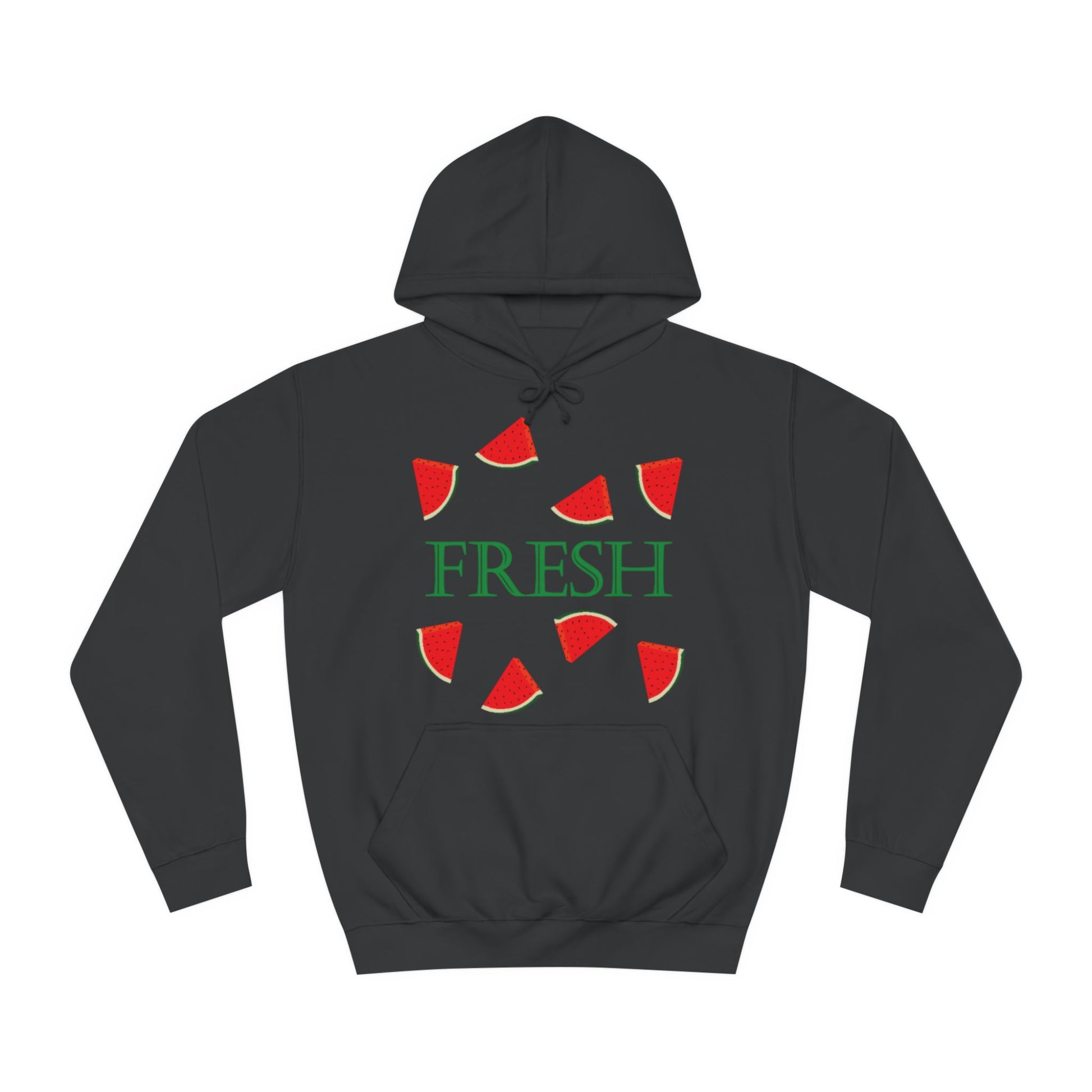 A black hoodie sweatshirt with a design of watermelon slices and the word Fresh in the middle.