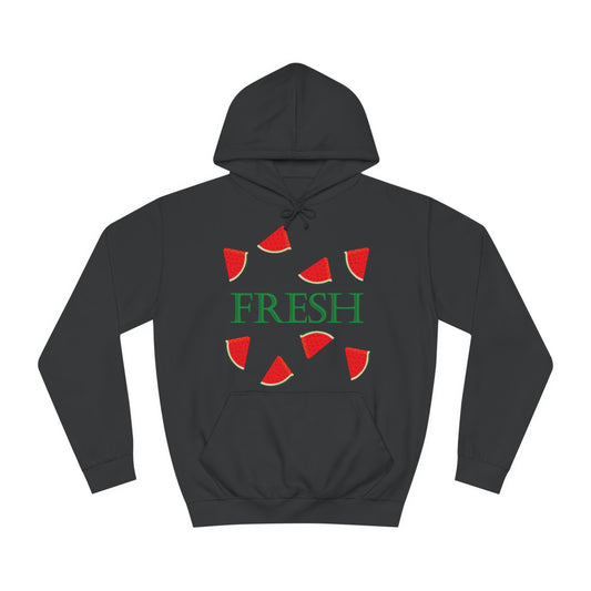 A black hoodie sweatshirt with a design of watermelon slices and the word Fresh in the middle.