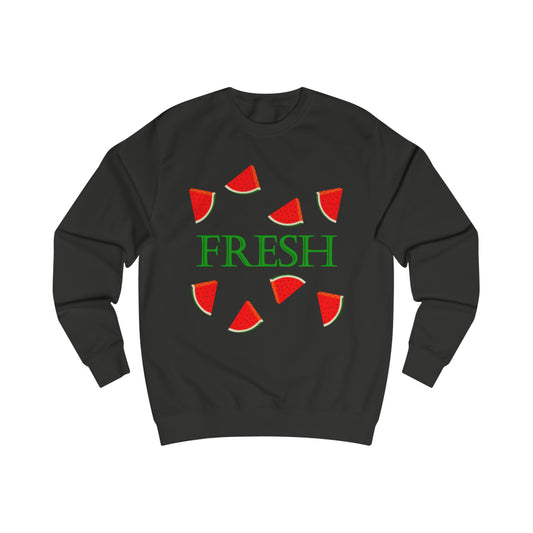  A black sweatshirt with a design of watermelon slices and the word: Fresh