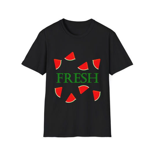 A black t-shirt with the word Fresh written in green and surrounded by watermelon pieces.