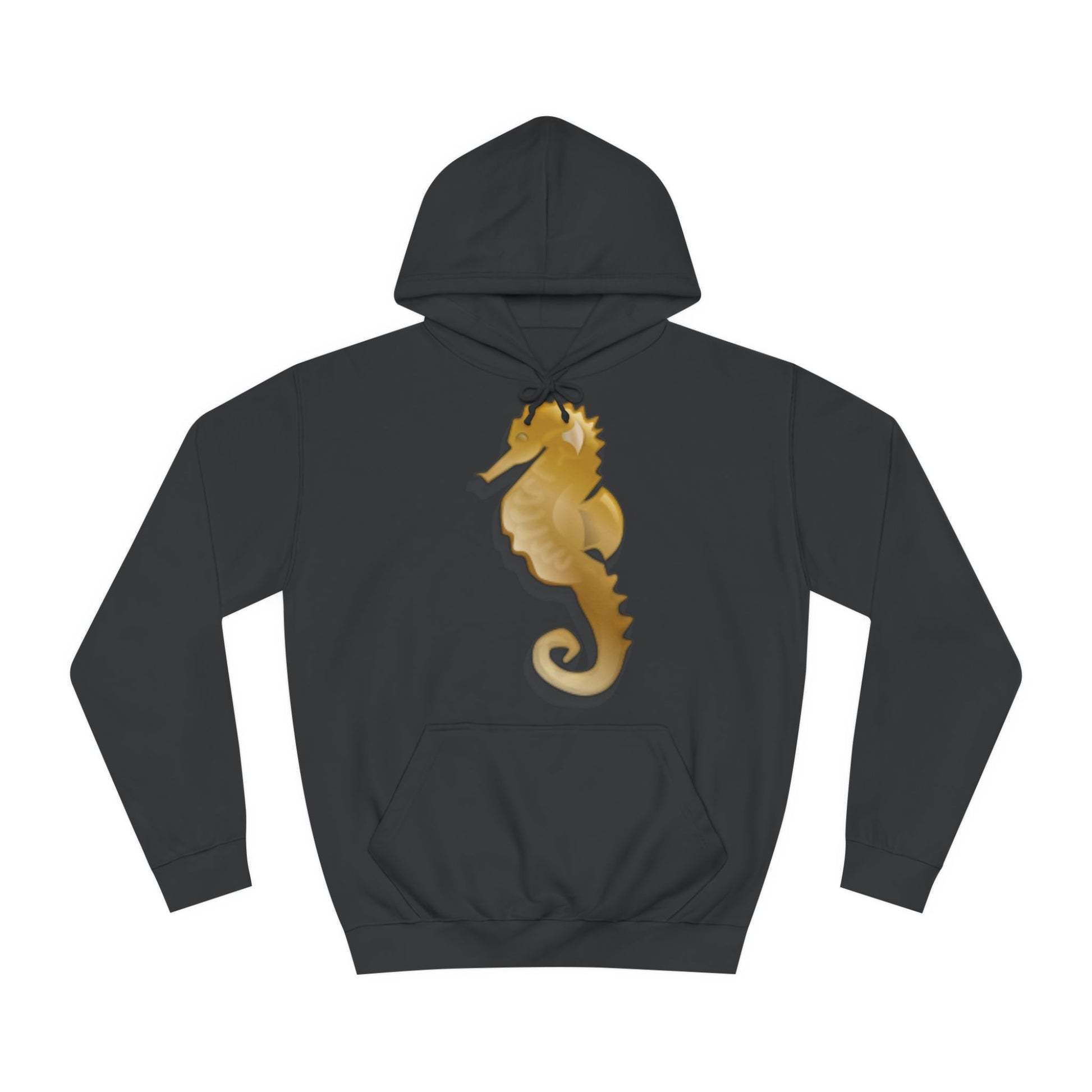 A black hoodie sweatshirt with a design of a golden seahorse.