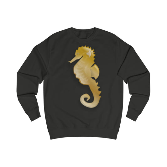 A black sweatshirt with a design of a golden coloured seahorse