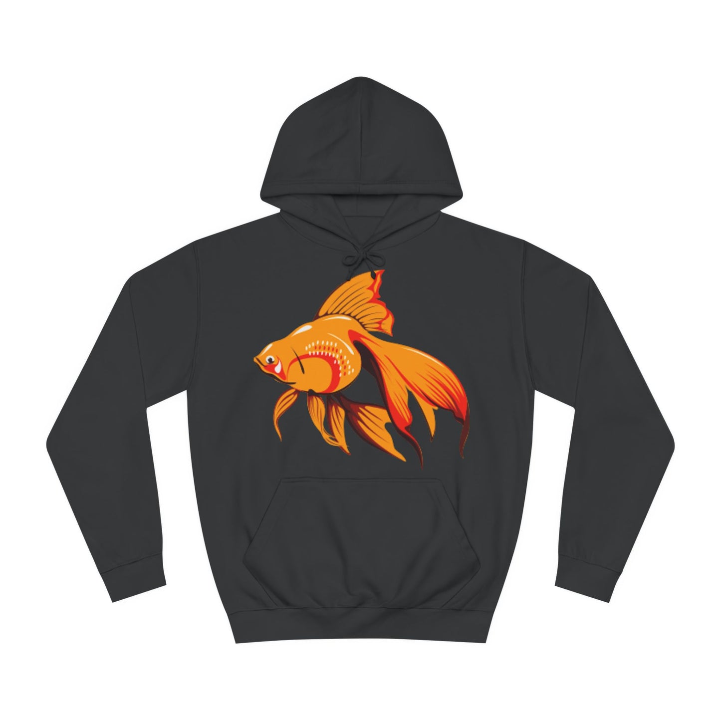 A black hoodie sweatshirt with a design of a goldfish with a fantail.