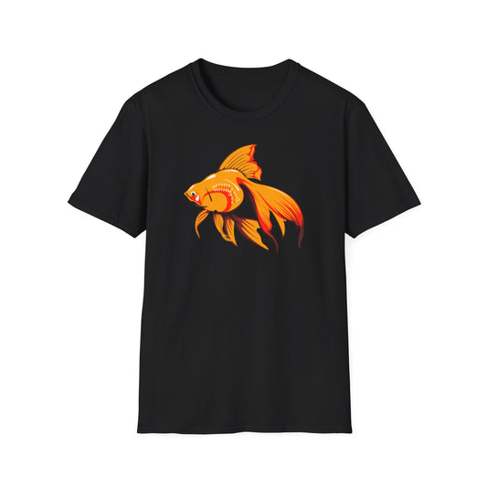 A black t-shirt with a design of a goldfish