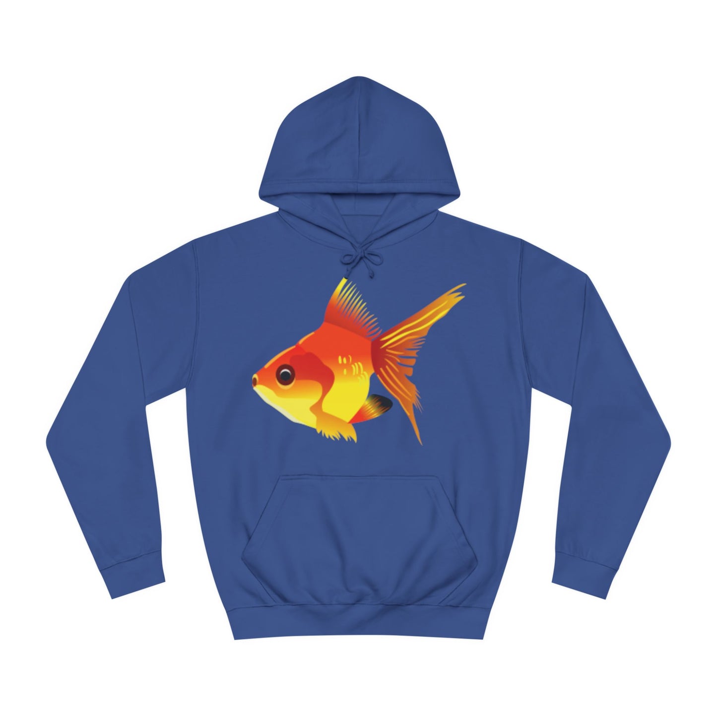 A blue hoodie sweatshirt with a design of a bright orange goldfish fish