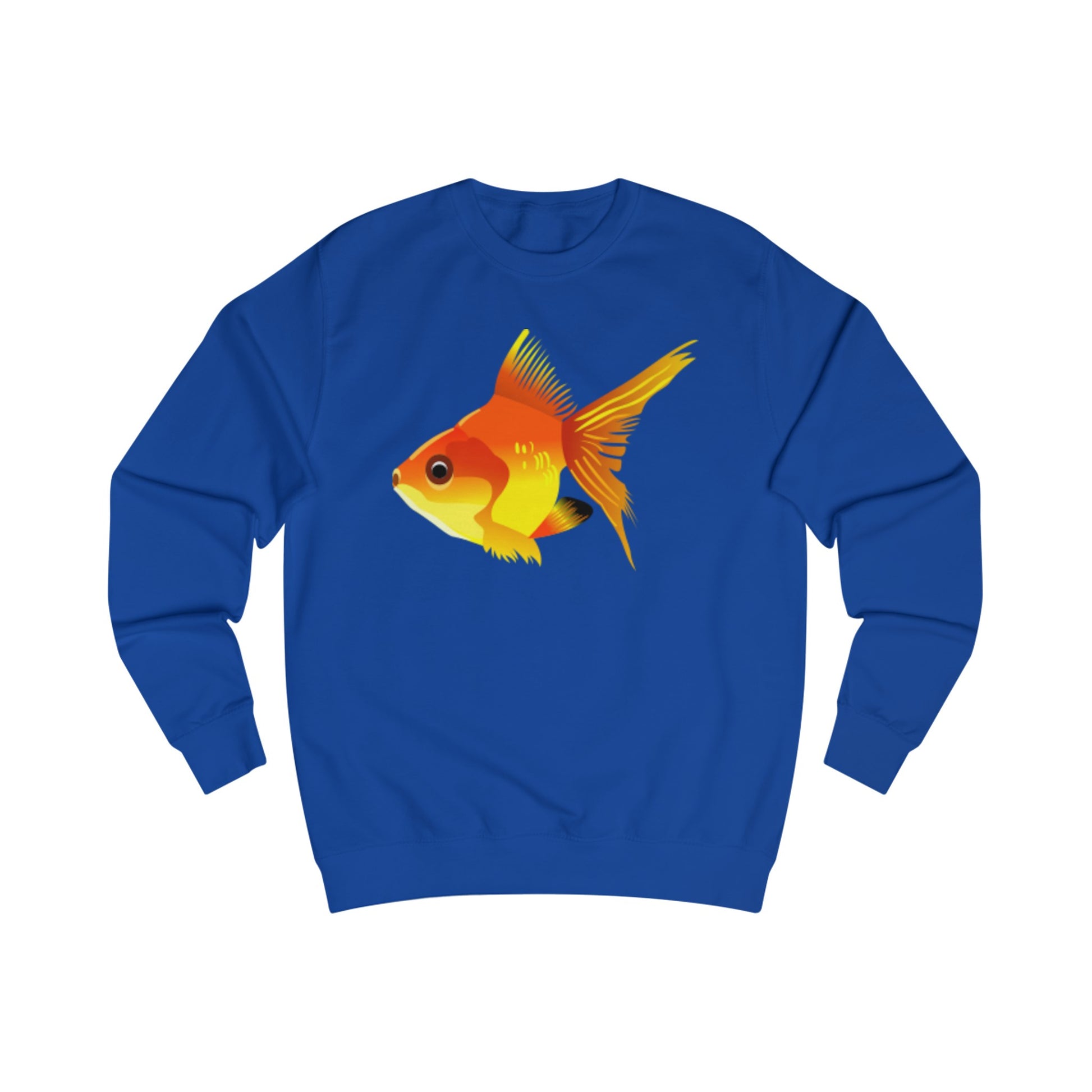 A royal blue sweatshirt with a design of a goldfish