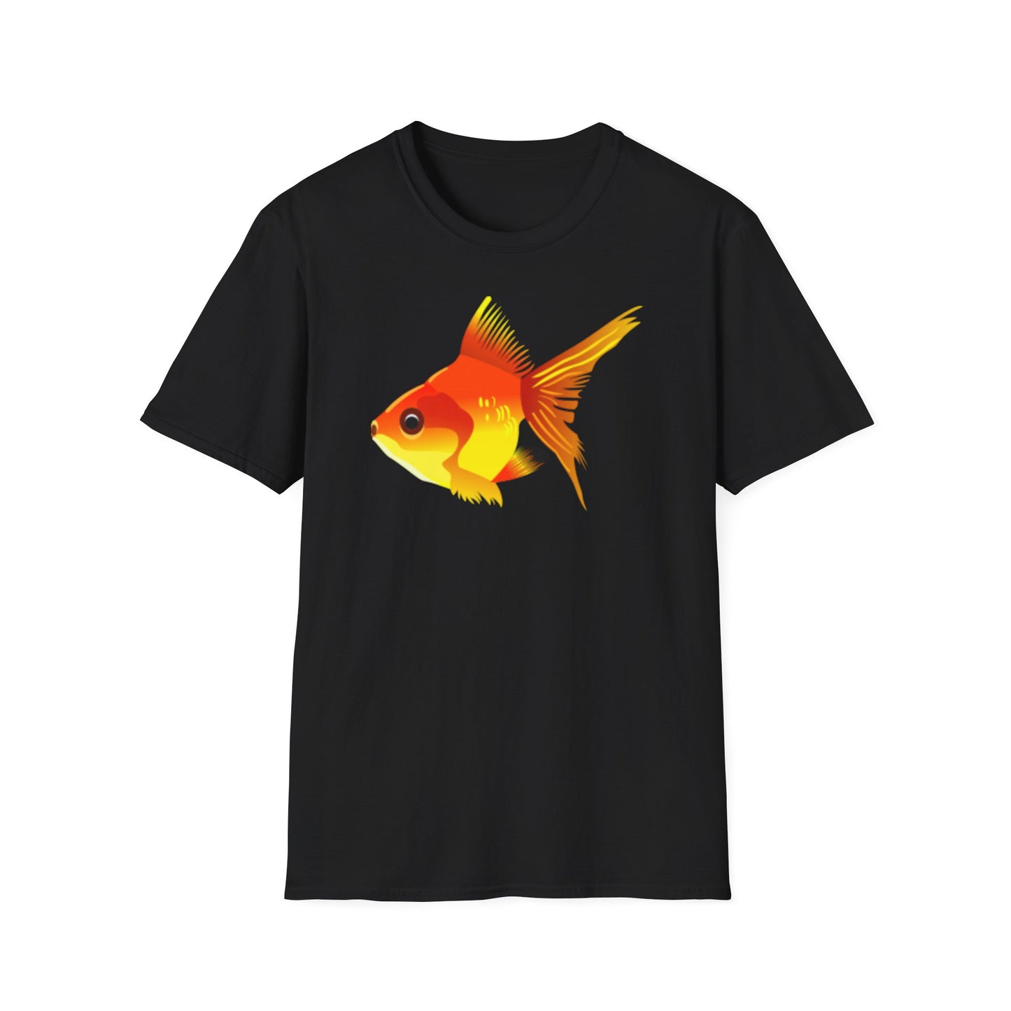 A black t-shirt with a design of a bright orange goldfish