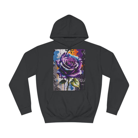 A black hoodie sweatshirt with a design of a purple rose in a graffiti style painting.