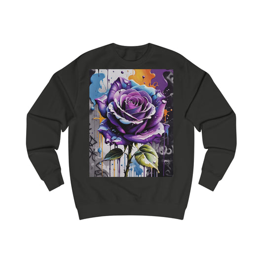 A black sweatshirt with a design of a purple rose painted in a graffiti style