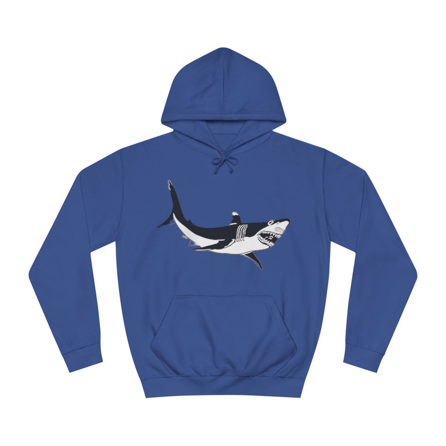 A blue hoodie sweatshirt with a design of a great white shark.