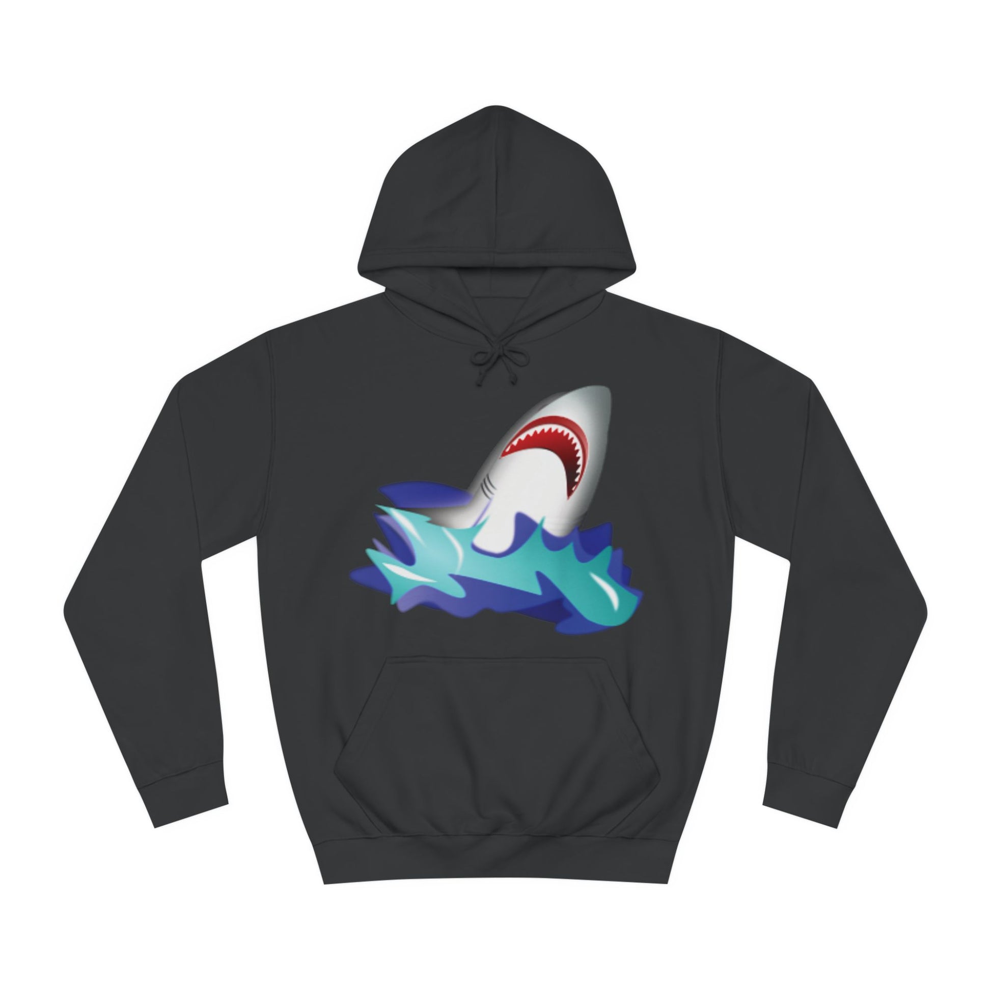 A black hoodie sweatshirt with a design of a cartoon great white shark rising up out of the waves.