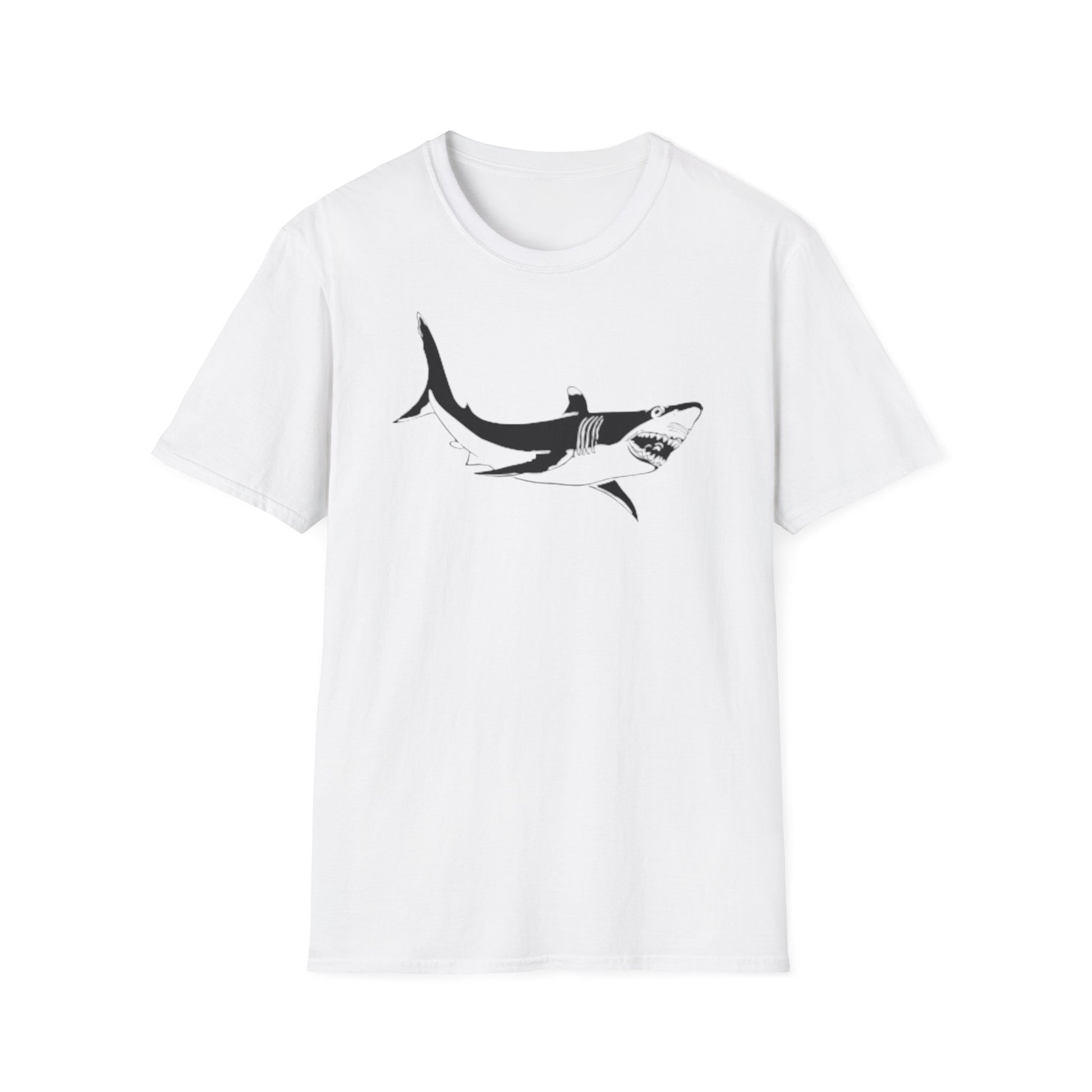 A white t-shirt with a design of a great white shark. The design is black and white