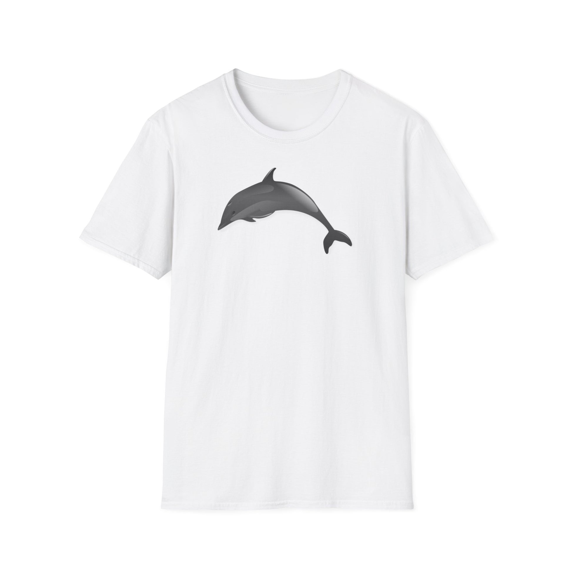 A white t-shirt with a design of a grey dolphin