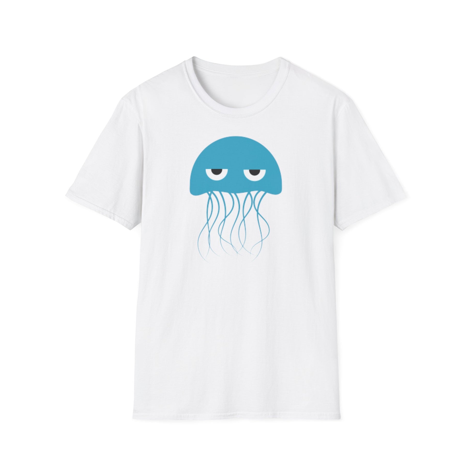 A white t-shirt with a design of a grumpy blue cartoon jellyfish