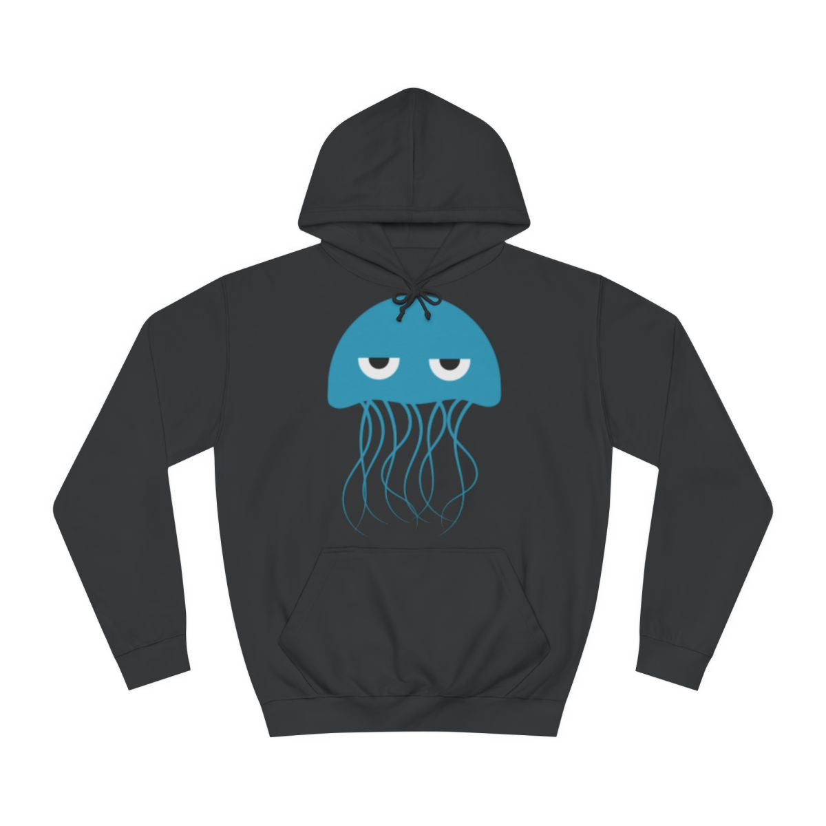 A black hoodie sweatshirt with a design of a grumpy blue cartoon jellyfish.