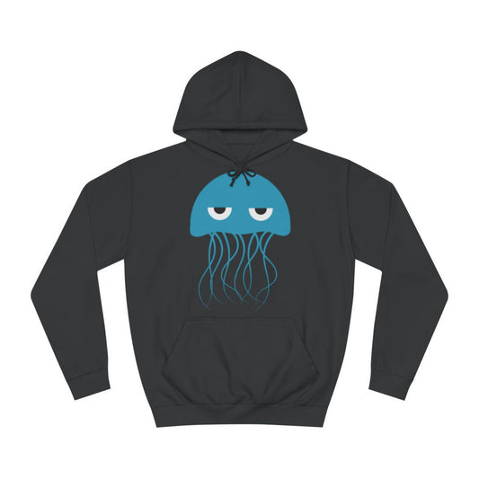 A black hoodie sweatshirt with a design of a grumpy blue cartoon jellyfish.