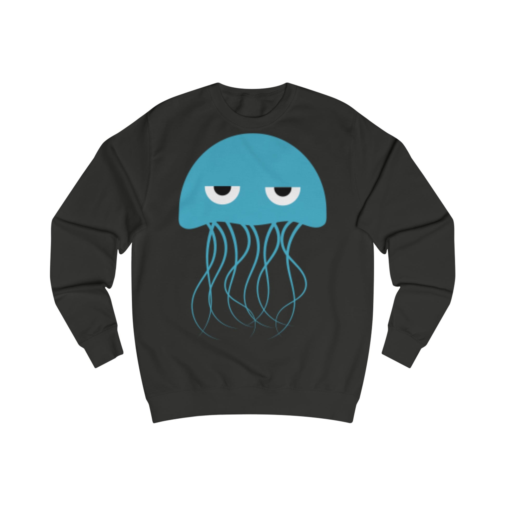 A black sweatshirt with a design of a cartoon blue jellyfish. His eye are half closed so he looks grumpy or sleepy