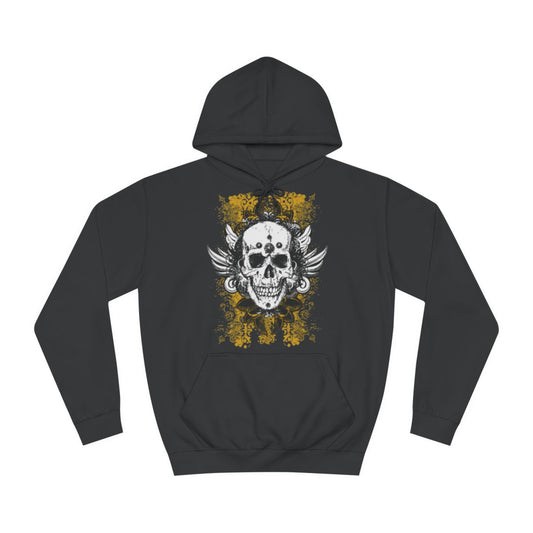 A black hoodie sweatshirt with a design of a skull with wings.