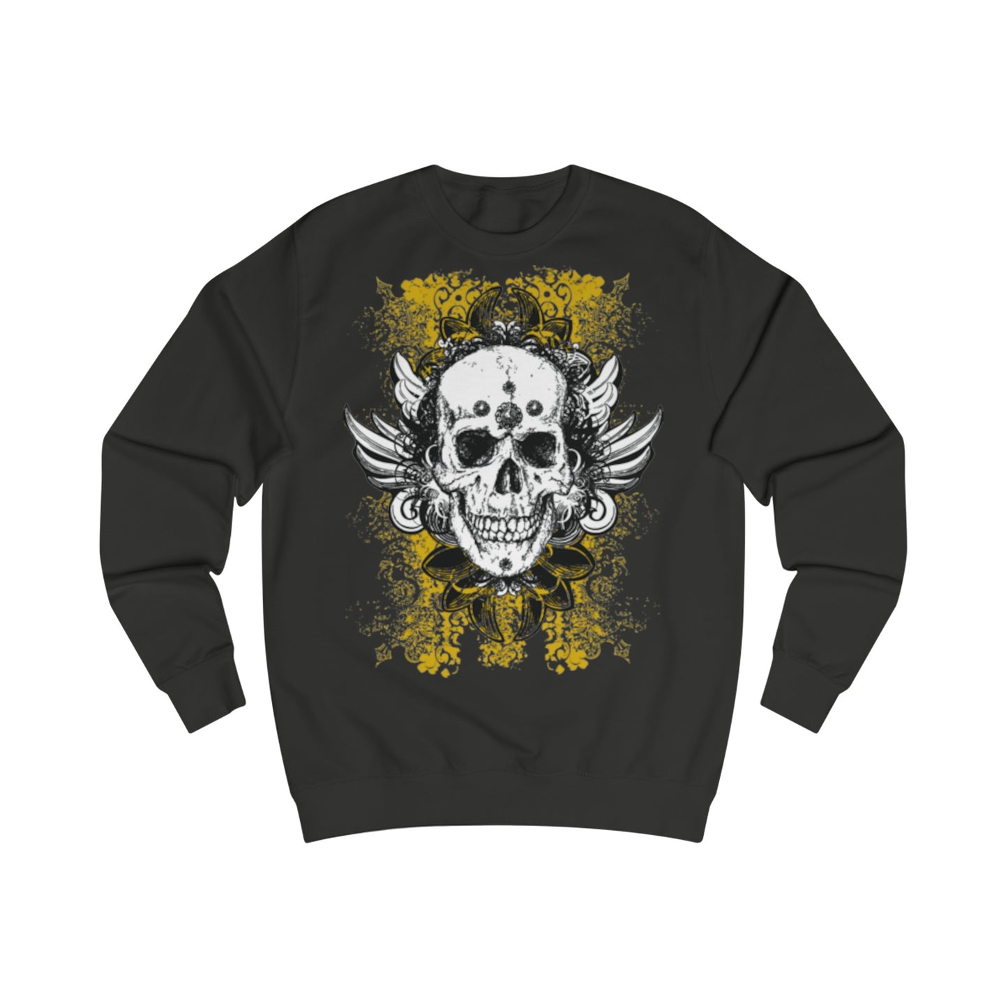 A black sweatshirt with a vintage design  of a skull with wings. 