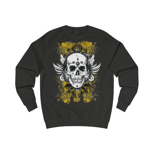 A black sweatshirt with a vintage design  of a skull with wings. 