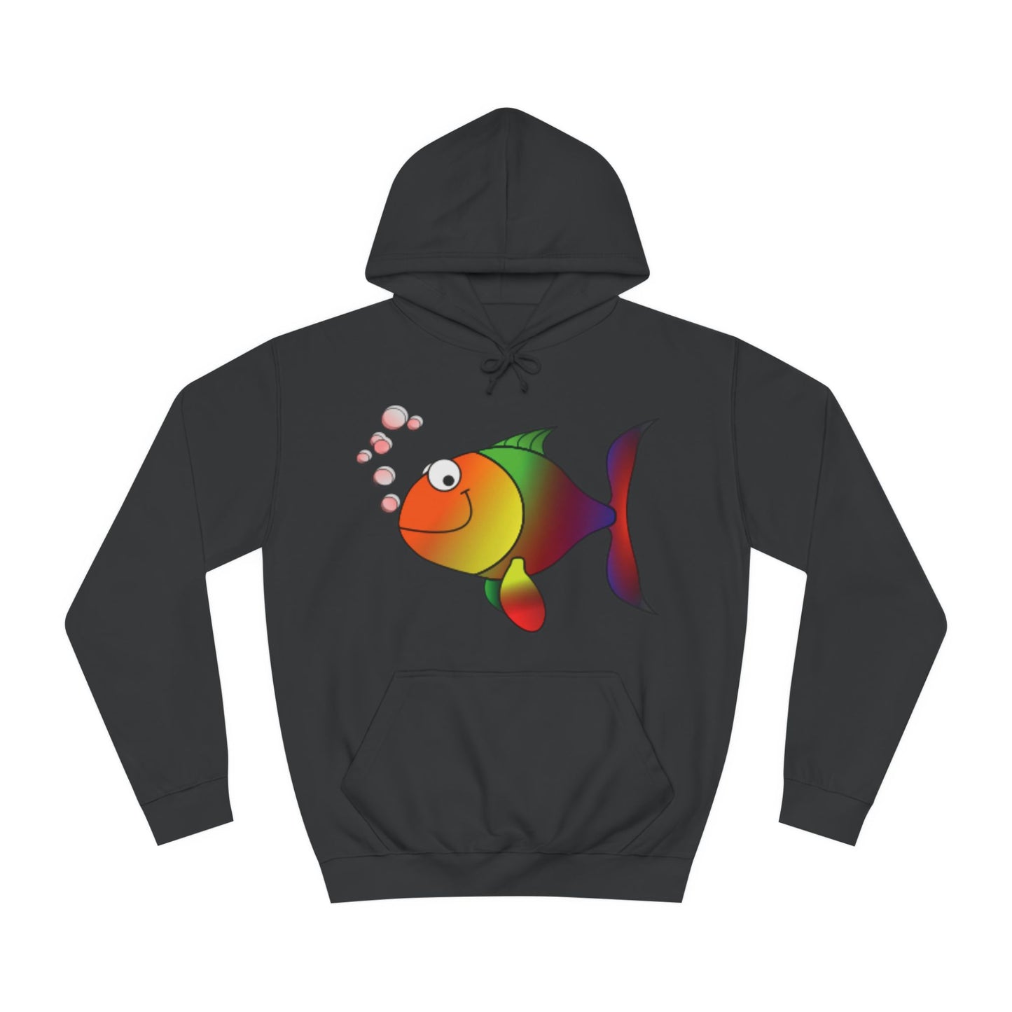 A black hoodie sweatshirt with a design of a happy rainbow coloured fish.