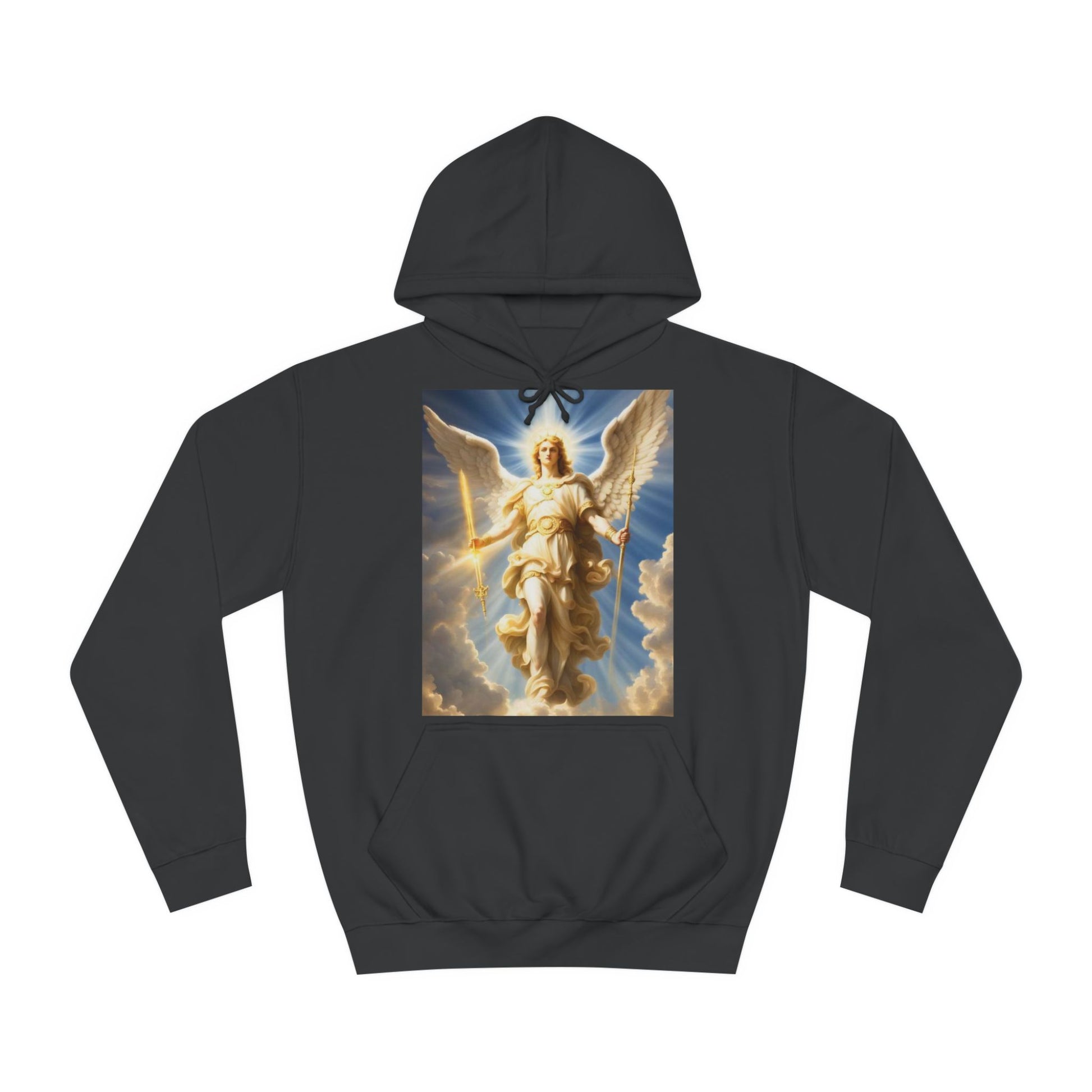 A black hoodie sweatshirt with a design of the Archangel Michael flying down from heaven.