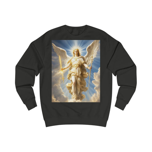 A black sweatshirt with a painting of the archangel Michael coming down from heaven. There is a heavenly light coming from behind him. He holds a sword and sceptre in each hand