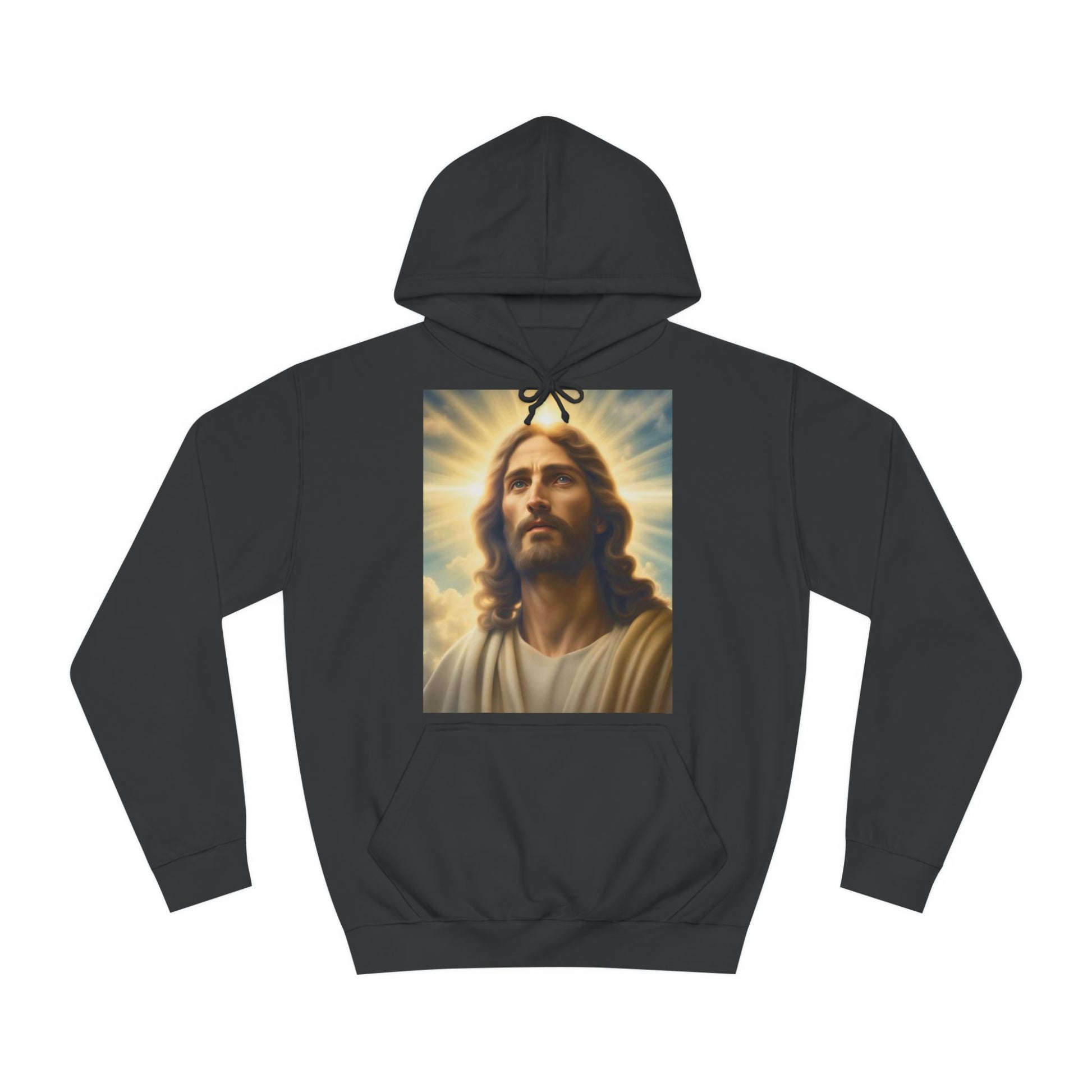 A black hoodie sweatshirt with a design of a portrait of Jesus christ in heaven.