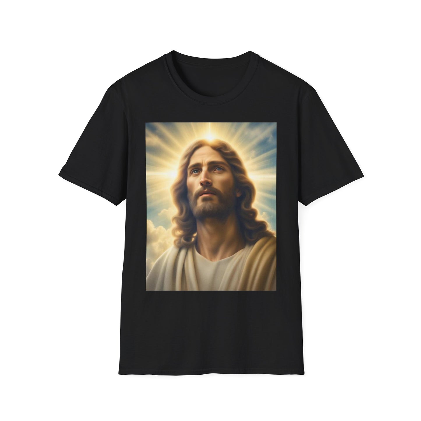 A black t-shirt with a design of Jesus Christ looking to heaven. There is a heavenly light shining out from behind him.