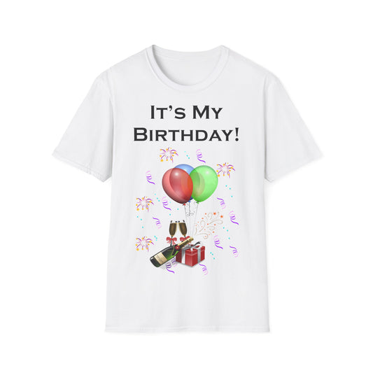 A white t-shirt with a design of balloons, wine and a gift, the quote reads: It's My Birthday!