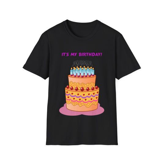 A black t-shirt with a design of a large birthday cake and the quote: It's My Birthday! above it