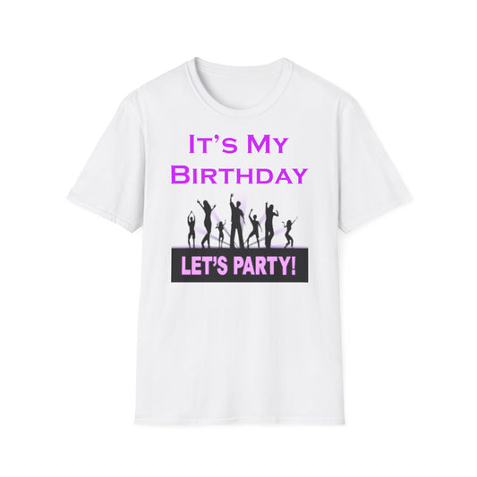 A white t-shirt with a design of dancers partying and the words: It's My Birthday, Let's Party!