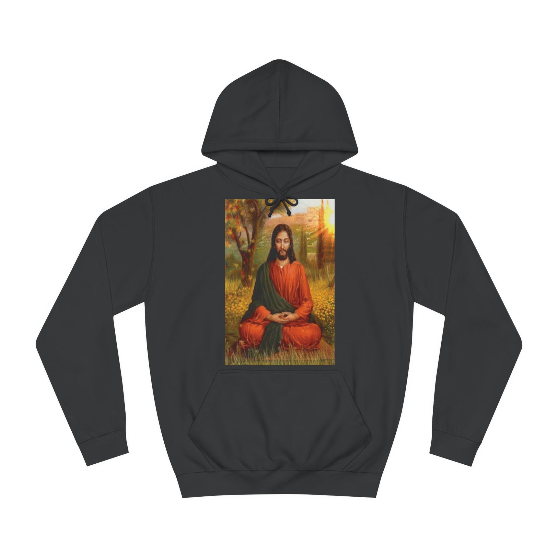 A black hoodie sweatshirt with a design of Jesus Christ sitting in the woods meditating on his prayers.