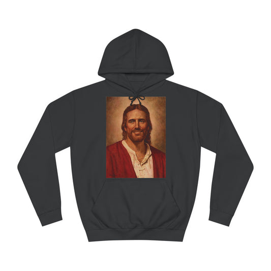 A black hoodie sweatshirt with a design of a portrait of Jesus Christ smiling.